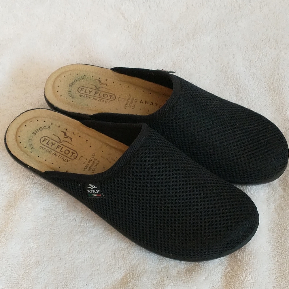 Fly Flot, Flat Mule,Made In Italy, Black Mesh Clog, Euro Size 39, US Size 8